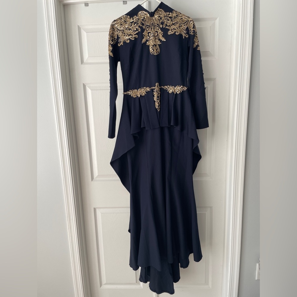 Gorgeous navy and gold sequined evening dress